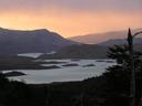 Sunrise over Lago Nordenskjold and its many islets.